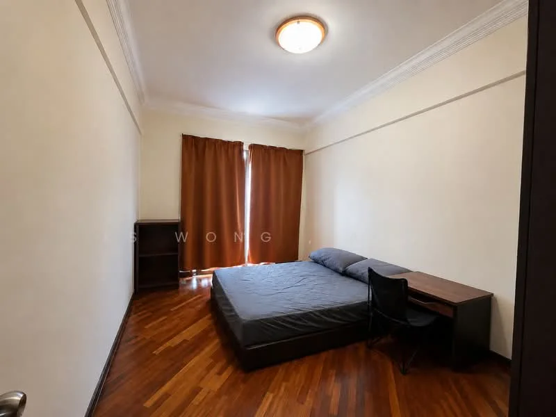 Bedroom features: wooden flooring, cream painted walls, crown moulding, brown curtains, double bed with mattress, study desk, black chair, built-in wardrobe.