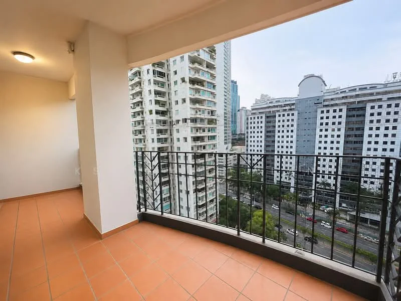 Room features: terracotta tile flooring, balcony with metal railing, city view, exterior wall with white paint, overhead ceiling light, open space, large windows, sliding glass door; style: modern; view: city.