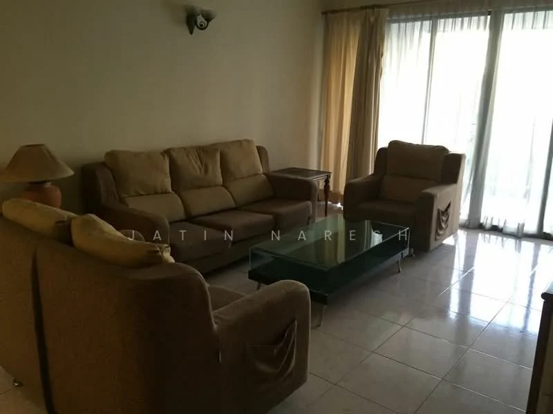 Living features: 3-seater fabric sofa in beige, 2-seater fabric sofa in beige, glass coffee table, lampshade table lamp, floor-to-ceiling windows, sheer curtains, tile flooring, neutral painted walls; style: modern.