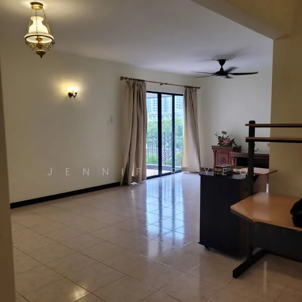 Living features: cream painted walls, white ceiling, 5-blade ceiling fan, floor-to-ceiling sliding glass door, curtains, tile flooring, chandelier, decorative wall sconce, wooden shelving unit, wooden table, plant on table; style: modern; view: garden.