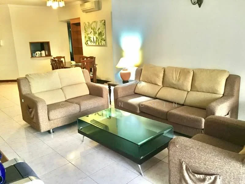 Living features: 3-seater fabric sofa in beige, 2-seater fabric sofa in brown, glass coffee table with green base, tile flooring, wall-mounted light fixture, floor lamp, air conditioning unit, decorative wall art, open layout to dining area; style: contemporary.