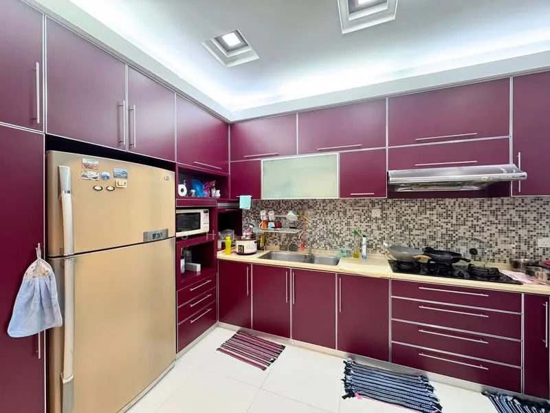 Kitchen features: purple cabinetry, stainless-steel fridge, built-in microwave, granite countertop, single-bowl stainless-steel sink, chrome pull-down faucet, gas stove with multiple burners, exhaust hood, mosaic tile backsplash, recessed downlights, white tiled flooring, kitchen rug; style: modern.