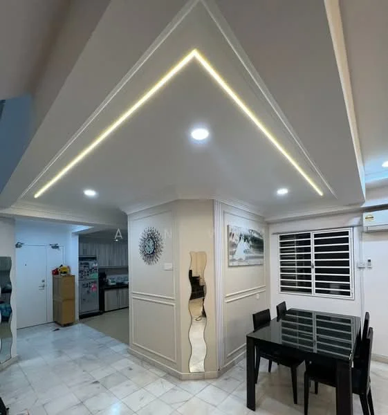 Dining features: black dining table with six chairs, marble flooring, white painted walls, recessed downlights, LED strip lighting on ceiling, decorative mirror, window with horizontal blinds, wall artwork; style: modern. Room features: white painted walls, ceiling with crown moulding, recessed downlights.