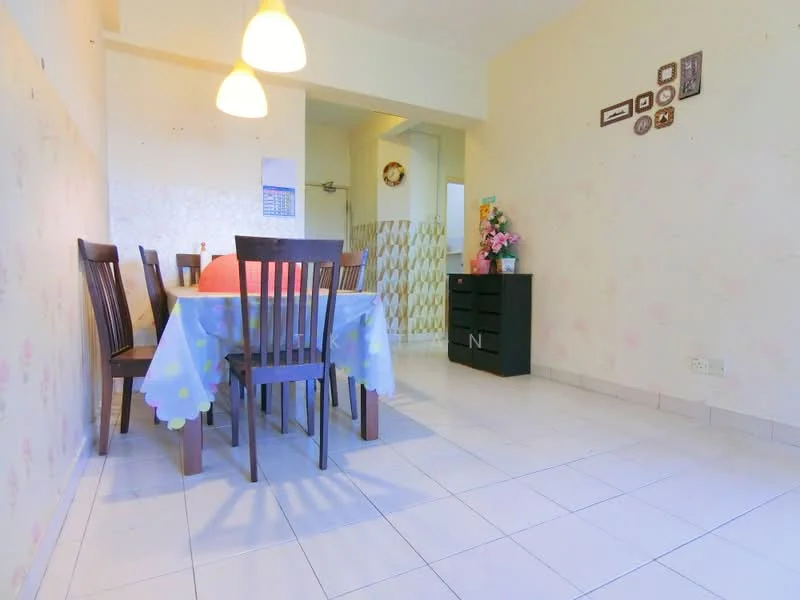 Dining features: 6-seater dining table with blue tablecloth, wooden dining chairs, white tiled flooring, light yellow painted walls, decorative wall art, wall-mounted cabinet, hanging pendant lights, floral wallpaper on one wall; style: modern.