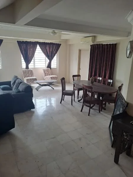 Living features: marble tile flooring, cream painted walls, 5-blade ceiling fan, floor-to-ceiling windows, dark brown curtains, light brown dining table, 4 wooden dining chairs, 2 patterned armchairs, dark blue fabric sofa, decorative wall clock; style: contemporary.