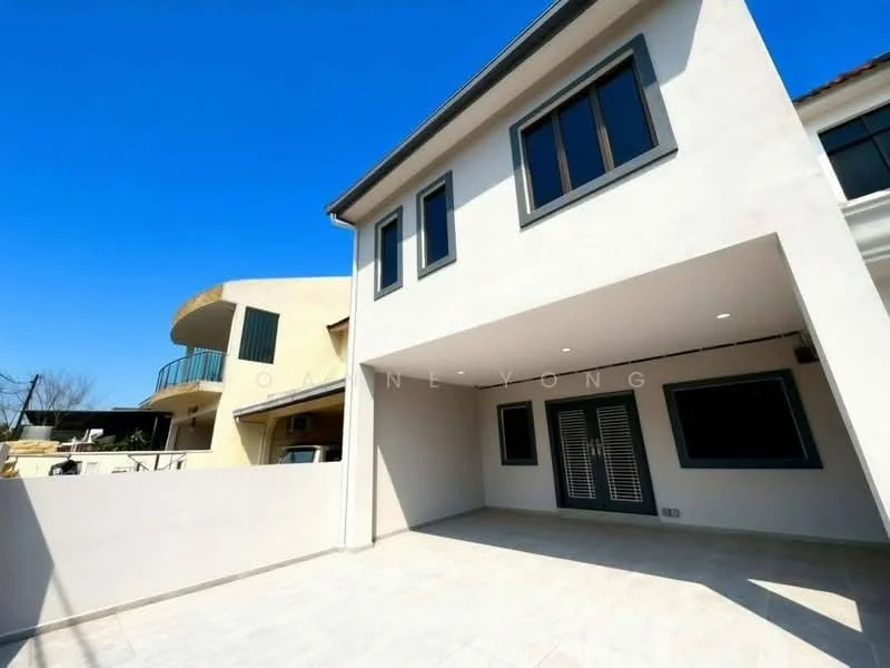 Exterior type: detached bungalow; features: white painted facade, flat roof, two-storey structure, large windows, sliding glass door, outdoor patio area, tile flooring, manicured landscaping, clear blue sky; style: modern.