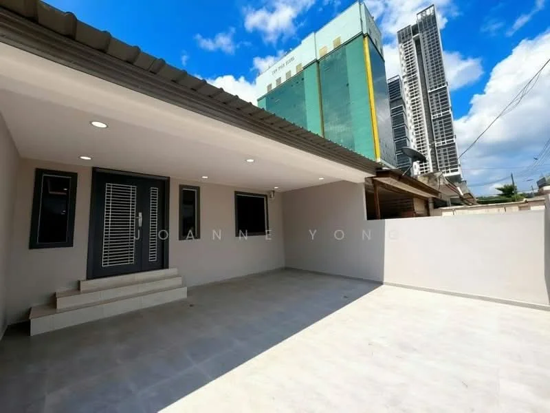 Exterior features: flat roof, cream painted facade, large windows, front steps, paved outdoor area, surrounded by urban buildings, clear blue sky; style: modern.