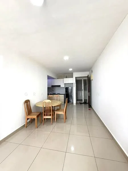 Dining features: round dining table, 4 wooden dining chairs, white painted walls, tile flooring, recessed ceiling lights, open layout to kitchen, kitchen visible in background, floor-to-ceiling windows, sliding glass door, neutral color scheme; style: modern. Kitchen features: white cabinetry, black countertop, stainless-steel fridge, built-in oven, ceramic cooktop, tile backsplash, open shelving, kitchen island, neutral color scheme; style: modern.