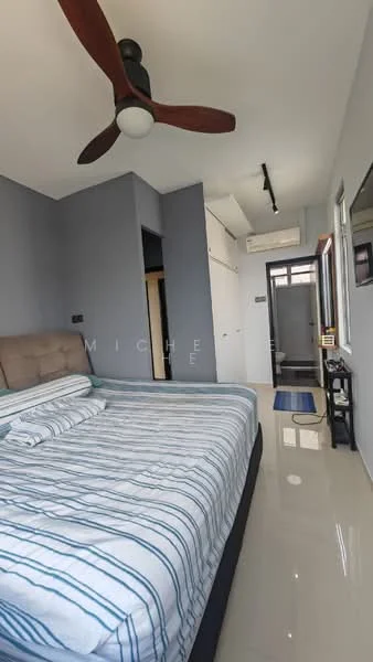 Bedroom features: king-size bed with striped bedding, upholstered headboard, 2 bedside lamps, ceiling fan with light, wall-mounted air conditioning unit, sliding mirror wardrobe, large window with natural light, glossy tile flooring, decorative wall with grey paint, neutral-colored walls; style: modern.