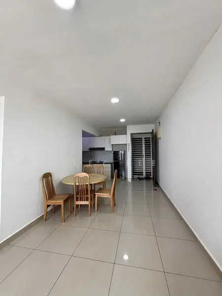 Dining features: round dining table, 4 wooden dining chairs, white painted walls, glossy ceramic tile flooring, recessed downlights, open layout to kitchen, fridge visible in kitchen area, kitchen cabinetry visible, sliding glass door to balcony, neutral color scheme; style: modern.