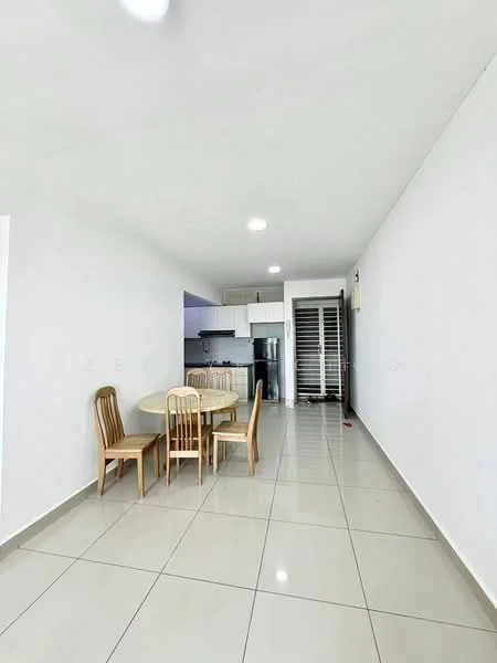 Dining features: round dining table, 4 wooden dining chairs, white painted walls, glossy ceramic tile flooring, recessed downlights, open layout to kitchen, visible kitchen appliances, sliding glass door to balcony; style: modern. Kitchen features: white cabinetry, black refrigerator, stainless-steel sink, countertop with space for appliances, open layout to dining area; style: modern.
