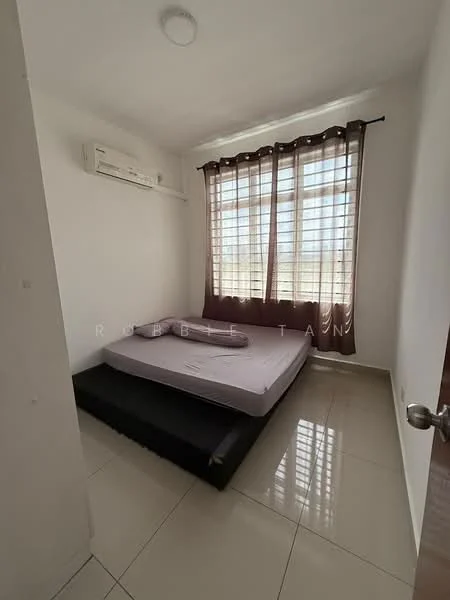Bedroom features: queen-size bed, white walls, cream tiled flooring, floor-to-ceiling windows, sheer curtains, 1 wall-mounted split AC, natural light, simple decor; style: minimalist.