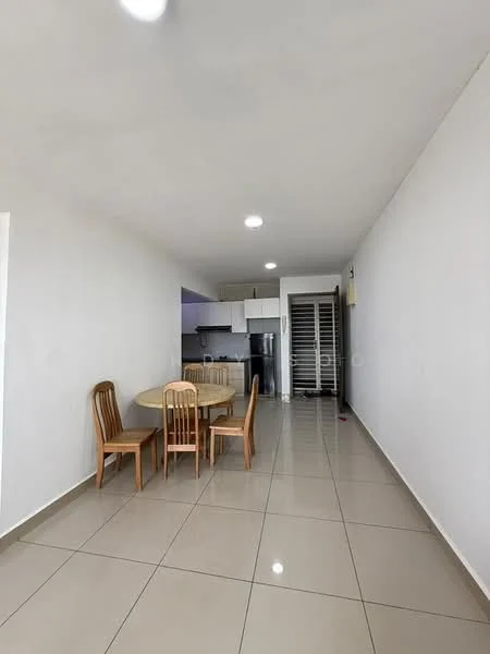 Dining features: round dining table, 4 wooden dining chairs, white painted walls, glossy beige tile flooring, recessed downlights, open layout to kitchen, kitchen visible in background, floor-to-ceiling windows, air conditioning unit; style: modern. Kitchen features: white cabinetry, black refrigerator, stainless-steel sink, built-in oven, countertop space, open shelving, tile backsplash; style: modern.