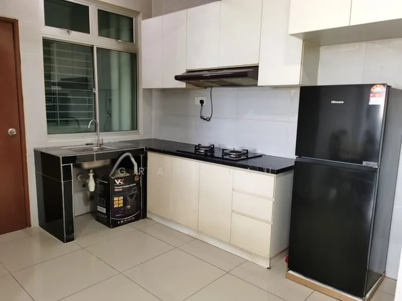 Kitchen features: black granite countertop, white cabinetry, stainless-steel sink, chrome pull-down faucet, 2-burner gas hob, black refrigerator, tile flooring, white tiled backsplash, window above sink, exhaust hood; style: modern.