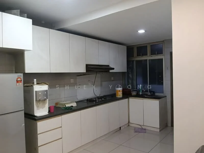 Kitchen features: white flat-panel cabinets, black granite countertop, stainless-steel sink, chrome pull-down faucet, built-in gas stove, exhaust hood, refrigerator, tile flooring, window with view, wall-mounted light fixture, water dispenser; style: modern.