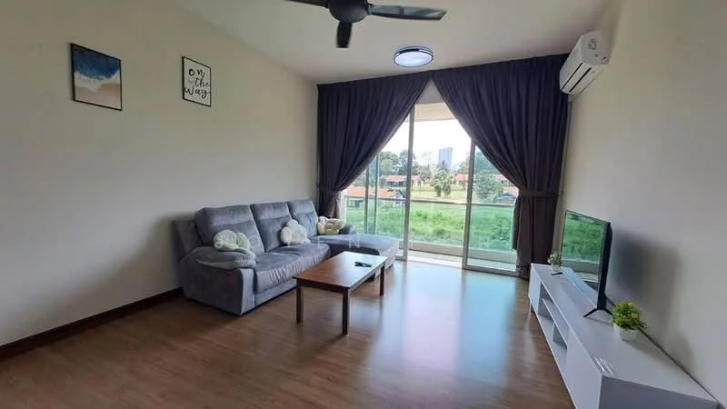 Living features: 3-seater fabric sofa in grey, coffee table, wall-mounted TV, floor-to-ceiling windows, curtains, wall-mounted split AC, wooden flooring, decorative wall art; style: modern; view: garden.