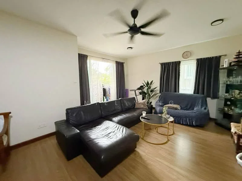 Living features: 3-seater leather sofa in black, 2-seater fabric sofa in blue, coffee table with round top, ceiling fan with light, floor-to-ceiling windows, curtains in dark grey, laminate flooring, decorative wall clock, houseplants in ceramic pots, glass display cabinet; style: contemporary; view: garden.