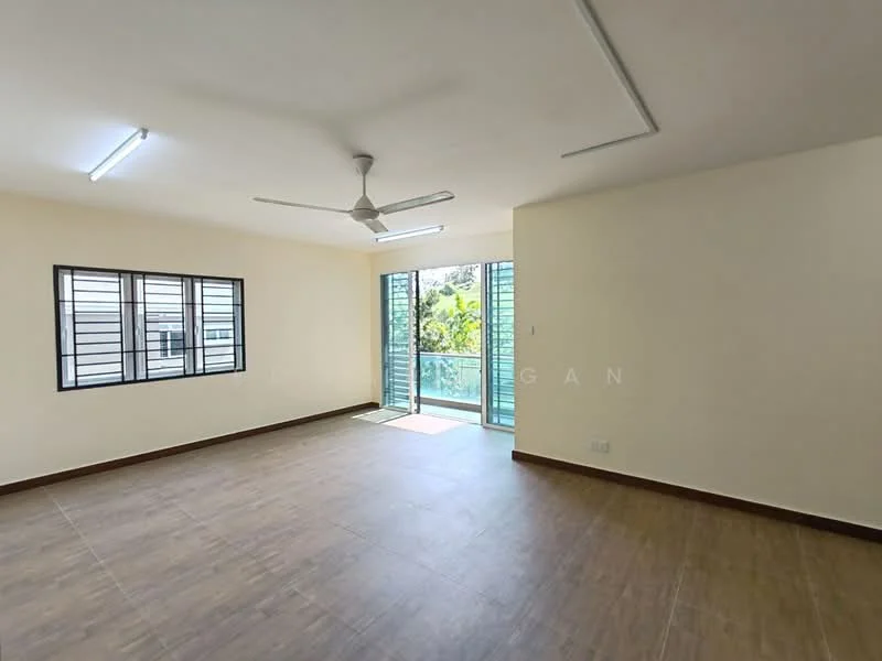 Room features: light brown laminate flooring, white painted walls, ceiling fan, floor-to-ceiling windows, sliding glass door, balcony access, natural light from windows, window grills; style: modern; view: garden.