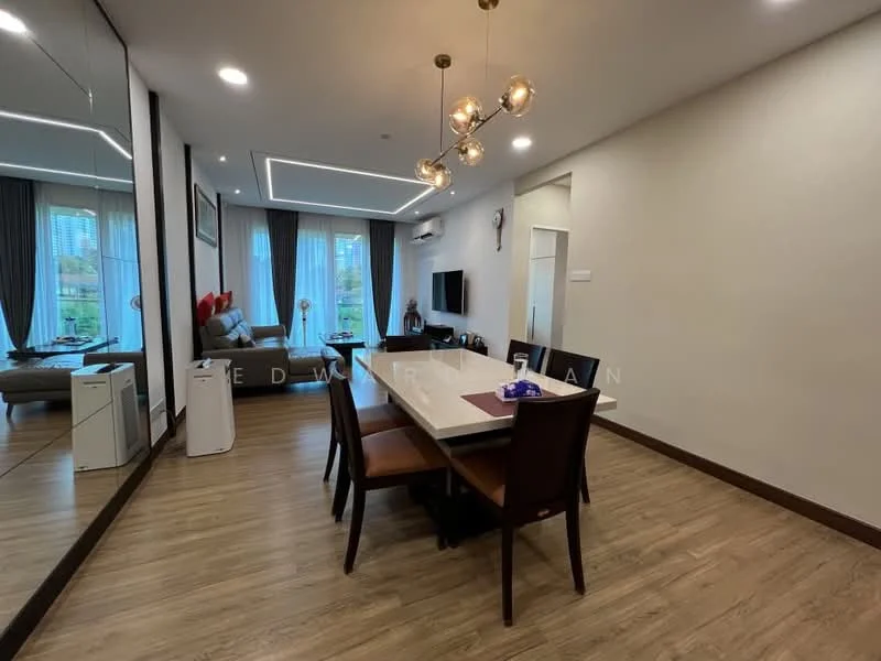 Dining features: 6-seater dining table, wooden dining chairs, pendant light fixture, recessed downlights, mirrored wall, laminate flooring, floor-to-ceiling windows, curtains, air conditioning unit, wall-mounted TV, sofa in living area visible, decorative artwork on wall; style: modern; view: garden.