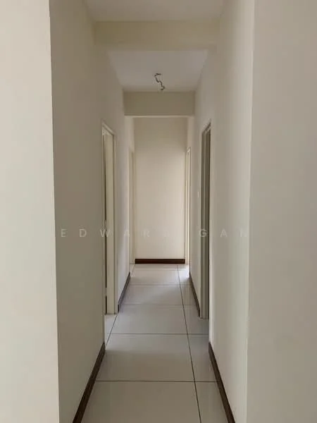 Hallway features: white painted walls, tile flooring, ceiling light fixture, door frames, neutral color scheme, baseboards, straight corridor layout; style: modern.