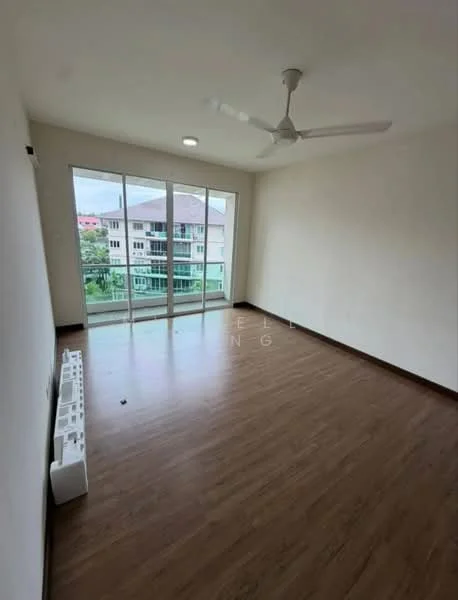 Room features: laminate flooring, white painted walls, 5-blade ceiling fan, floor-to-ceiling windows, sliding glass door, natural light, baseboard heating unit; style: modern; view: city.
