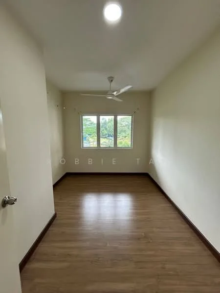 Room features: light wood laminate flooring, white painted walls, ceiling fan, single window with view, window treatments not visible, no visible furniture or decor; view: garden.