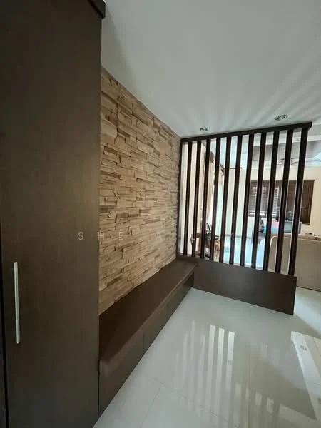 Room features: wooden wall paneling, stone feature wall, white glossy tile flooring, built-in storage cabinet, seating bench, vertical wooden slats, recessed ceiling lights; style: modern.