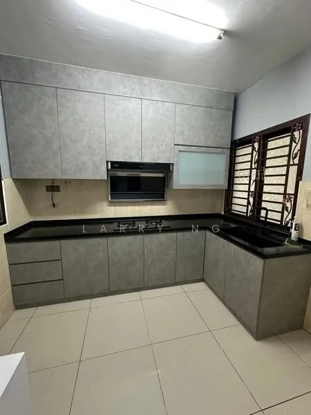 Kitchen features: grey laminate cabinetry, black granite countertop, single-bowl stainless-steel sink, chrome pull-down faucet, built-in oven, ceramic tile flooring, wall-mounted microwave, glass upper cabinet, window with grille, recessed ceiling lights; style: modern.