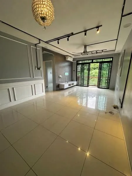 Living features: white painted walls with crown moulding, grey accent wall, polished ceramic tile flooring, 5-blade ceiling fan with integrated LED light, recessed LED downlights, chandelier, floor-to-ceiling windows, sliding glass door, TV console, wall-mounted TV, decorative mirror; style: modern; view: garden.