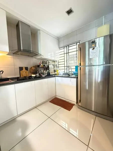 Kitchen features: white cabinetry, black countertop, stainless-steel fridge, built-in oven, 4-burner gas hob, stainless-steel range hood, single-bowl stainless-steel sink, chrome pull-down faucet, tile flooring, window with grill, wood cutting board, kitchen utensils, open shelving; style: modern.