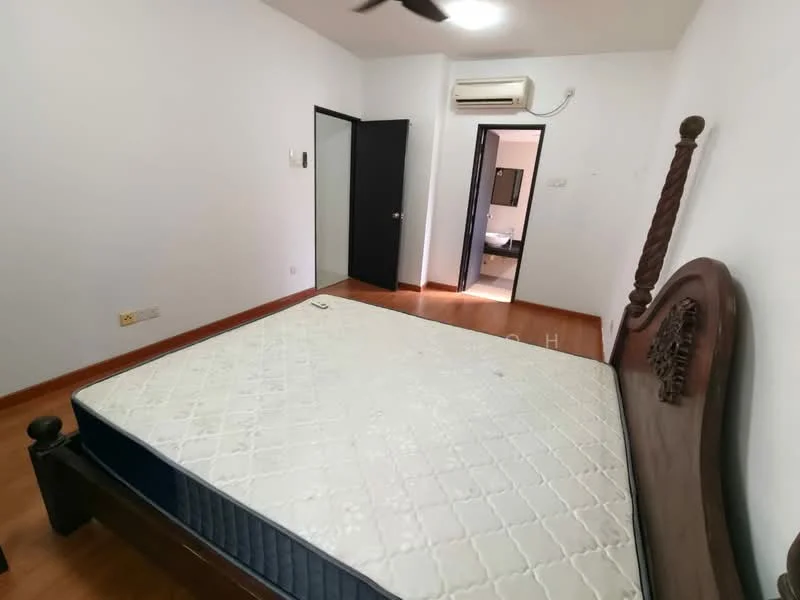 Bedroom features: wooden flooring, white painted walls, ceiling fan, air conditioning unit, single bed frame, mattress, door leading to hallway, door leading to another room.