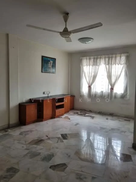 Living features: marble flooring, white painted walls, ceiling fan, large windows with sheer curtains, wooden console unit, framed artwork on wall, natural light from windows.