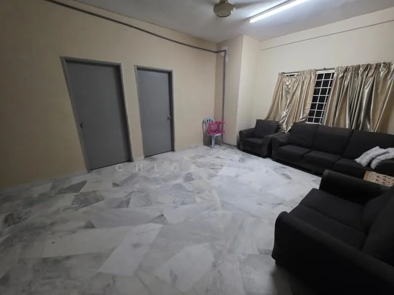 Living features: marble flooring, cream painted walls, 2 grey doors, large window with grid pattern, beige curtains, 3-seater black fabric sofa, 2-seater black fabric sofa, coffee table, ceiling fan.