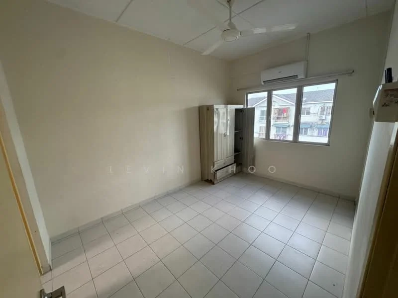 Room features: white painted walls, ceiling fan, window with view of exterior, tile flooring, built-in wardrobe, air conditioning unit, light fixture, neutral color scheme.