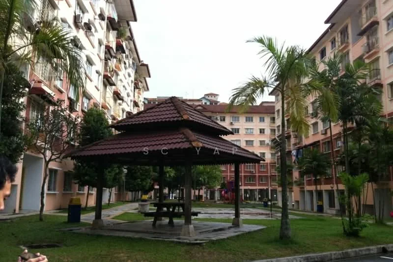 Exterior type: low-rise apartment block; features: gazebo with pitched tile roof, manicured lawn, mature trees, surrounding low-rise buildings, walkway, outdoor seating area; style: modern.