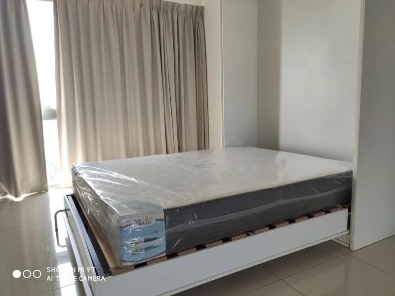 Bedroom features: queen-size bed with mattress, white bedding, built-in wardrobe, floor-to-ceiling windows, curtains in light grey, light-colored wall, tile flooring, wooden bed frame; style: modern.