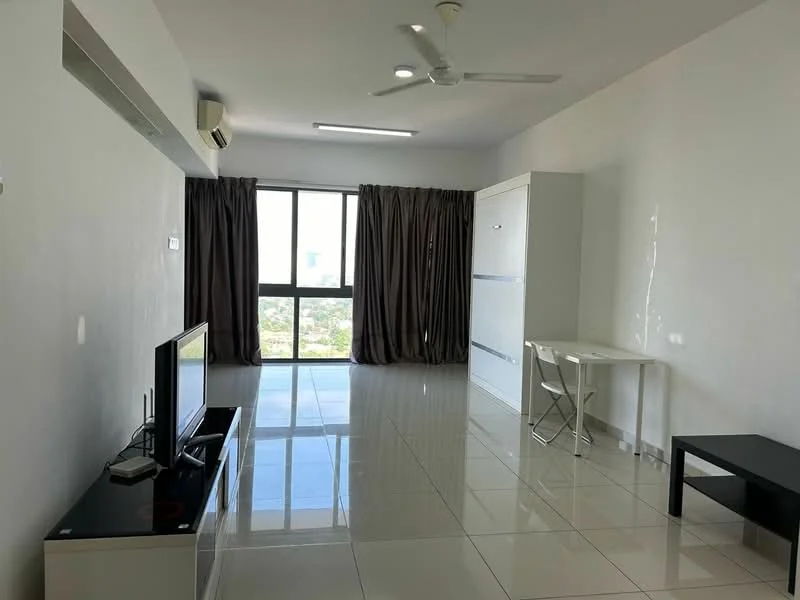 Living features: white painted walls, glossy white tile flooring, 5-blade ceiling fan with light, floor-to-ceiling windows, dark brown curtains, TV console, wall-mounted TV, small black coffee table, white folding dining table, white built-in cabinet; style: modern; view: city.