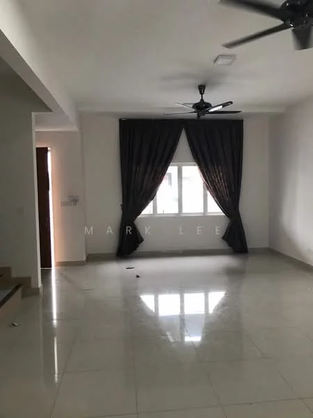 Living features: white painted walls, glossy ceramic tile flooring, 2-blade ceiling fan, large window with sheer curtains, dark curtains, neutral color scheme, recessed ceiling lights, open layout; style: modern.