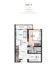 Floor plan: 1-bedroom 1-bathroom unit; features: open-plan kitchen-dining-living, master bedroom with ensuite bathroom, utility room, balcony off living room, central foyer, 1 car porch.