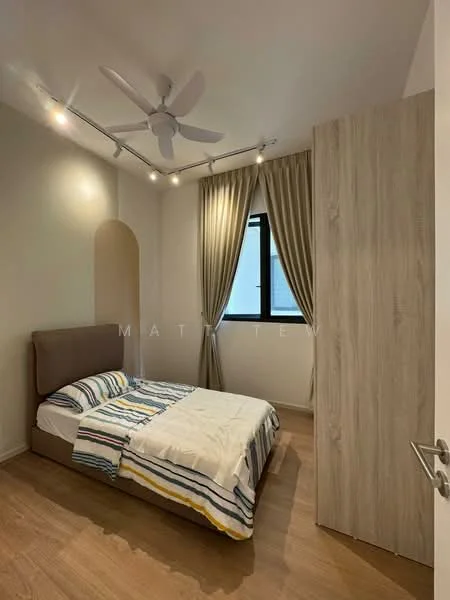 Bedroom features: queen-size bed with striped bedding, upholstered headboard, wooden flooring, white painted walls, recessed ceiling lights, 5-blade ceiling fan, floor-to-ceiling window, curtains, built-in wardrobe with wood finish; style: modern.