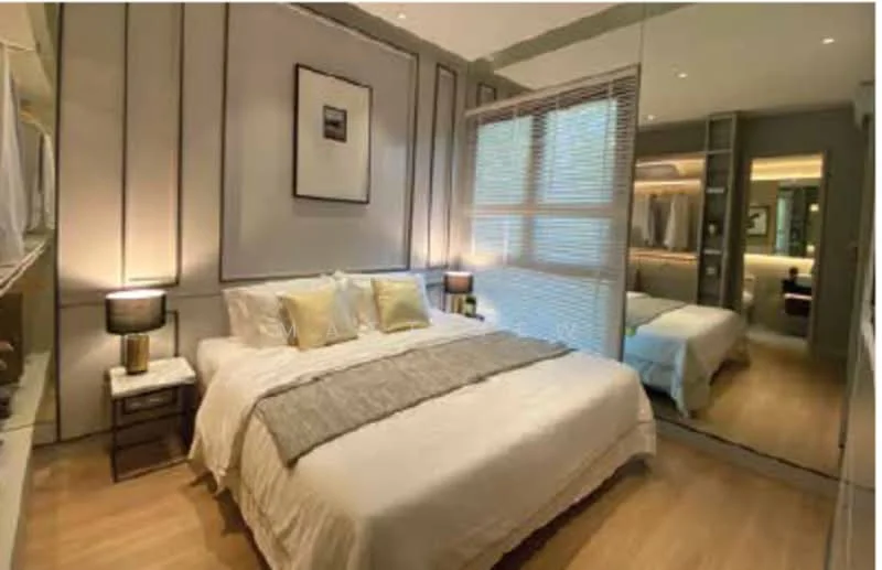 Bedroom features: king-size bed with white bedding, upholstered headboard, two bedside lamps with black bases, mirrored wardrobe, wooden flooring, decorative wall paneling, framed artwork on wall, recessed lighting, window with blinds, built-in shelving; style: modern.
