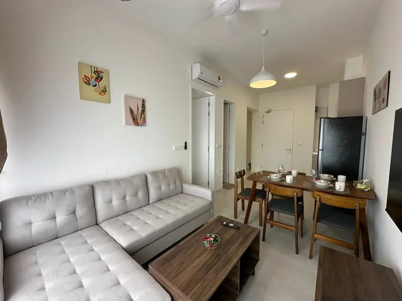 Living features: L-shape sectional sofa in light grey, wooden coffee table, wall-mounted TV, 2-seater dining table, 4 dining chairs, recessed downlights, ceiling fan, air conditioning unit, decorative wall art, light-colored walls, tile flooring; style: modern.