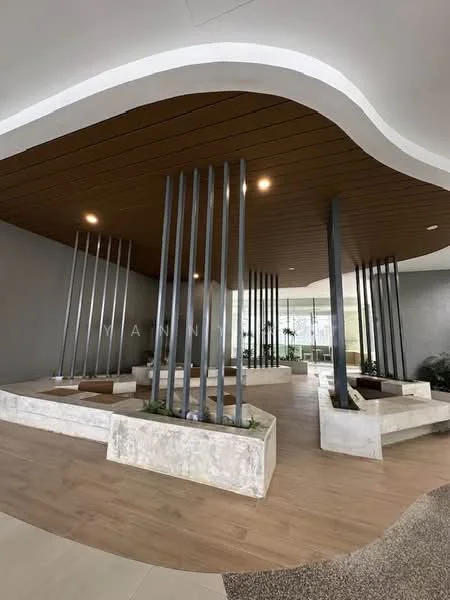 Room features: curved ceiling, wooden ceiling panels, grey painted walls, decorative vertical metal columns, stone planters, wooden flooring, recessed lighting, large windows, indoor plants; style: modern.
