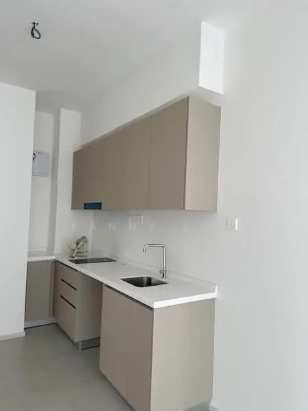 Kitchen features: light beige cabinetry, white countertop, single-bowl stainless-steel sink, chrome pull-down faucet, built-in oven, ceramic tile flooring, wall-mounted air conditioning unit, minimalist design; style: modern.