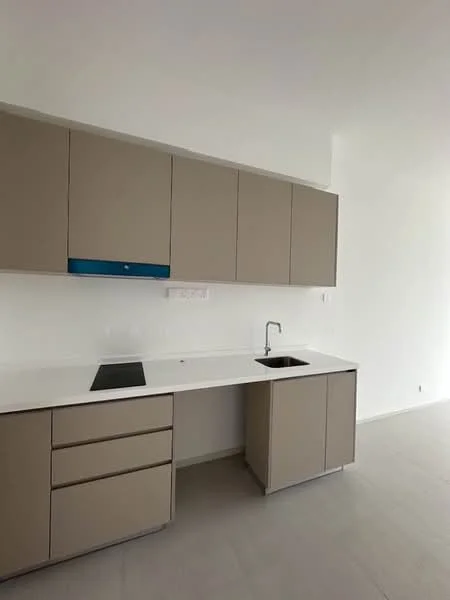 Kitchen features: light beige cabinetry, white countertop, single-bowl stainless-steel sink, chrome pull-down faucet, built-in cooktop, drawer storage, open shelving, minimalist design, wall-mounted electrical outlets, neutral tile flooring; style: modern.
