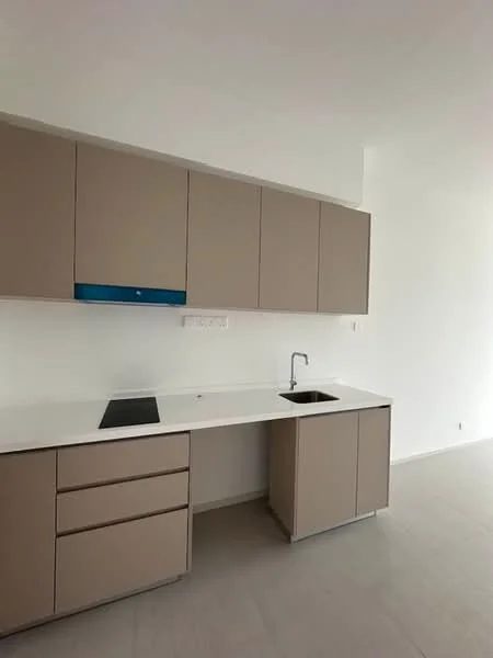 Kitchen features: light beige cabinetry, white countertop, single-bowl stainless-steel sink, chrome pull-down faucet, built-in cooktop, minimalist design, smooth wall finish, neutral tile flooring; style: modern.