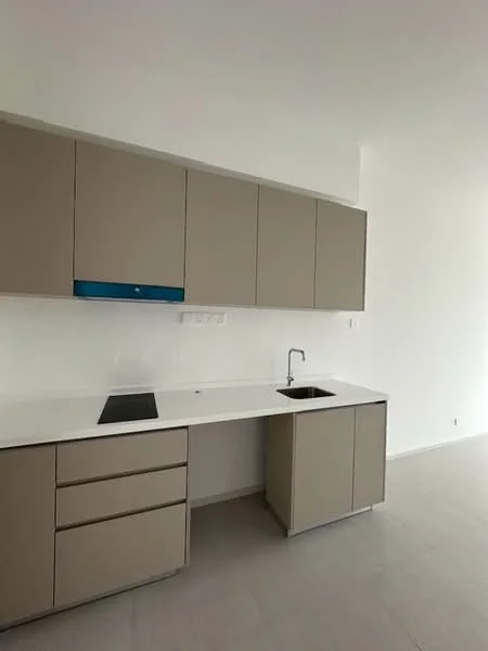 Kitchen features: light grey cabinetry, white countertop, single-bowl stainless-steel sink, chrome pull-down faucet, built-in cooktop, minimalist design, wall-mounted cabinets, open shelving, neutral wall color, tile flooring; style: modern.