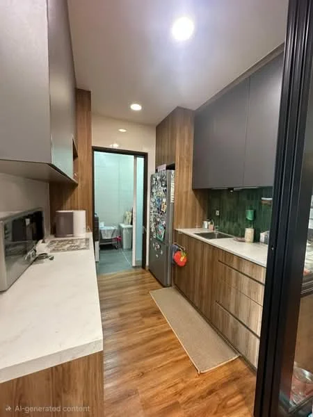 Kitchen features: grey cabinetry, wooden cabinetry, white countertop, stainless-steel fridge, microwave, built-in oven, kitchen island, laminate flooring, recessed downlights, green backsplash, open shelving, decorative items on countertop, doorway to laundry area; style: modern.