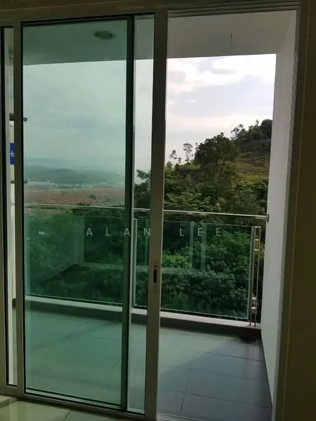 Room features: sliding glass door, floor-to-ceiling windows, balcony, greenery view, grey tiled flooring, white walls, metal railing; style: modern; view: garden.