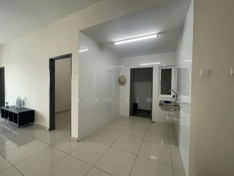 Room features: white painted walls, glossy white tile flooring, fluorescent ceiling lights, single-bowl stainless-steel sink, wall-mounted faucet, window with white frame, doorway leading to another room, open layout; style: modern.